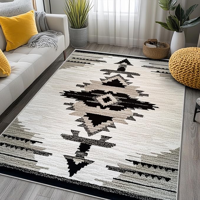 Western Area Rug Southwestern Aztec Washable 6x9 Rugs for Living Room Bedroom Tribal Black Gray Beige Non-Slip Soft Floor Large Carpet for Office Entryway Bathroom