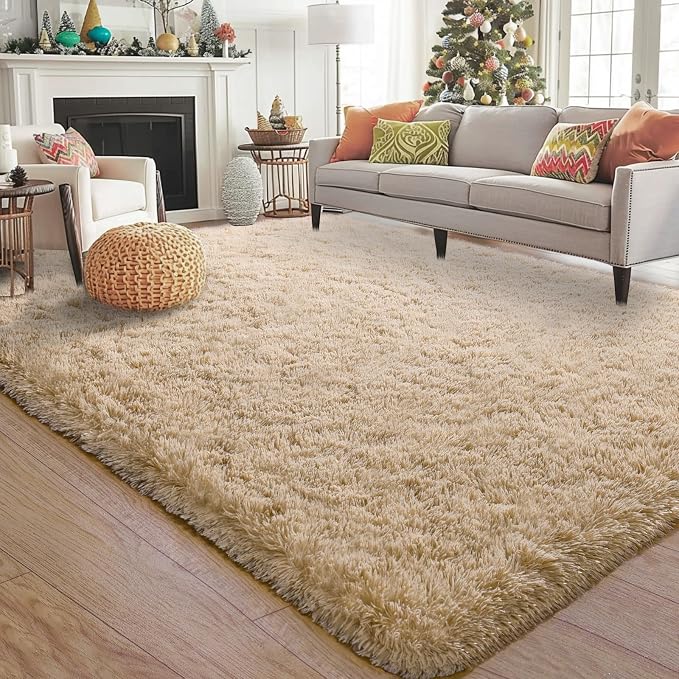 Soft Shag Fluffy Rugs for Bedroom 4x6 Beige Neutral Washable | Upgrade Non-slip, 4 x 6 Shaggy Rugs for Living Room Nursery, High Pile Fuzzy Plush Carpet Kids Room Dorm, Flame Resistant