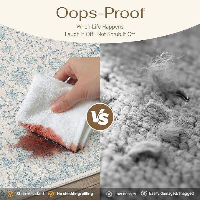 9x12 Blue Neutral Living Room Area Rug | Washable, Low Pile, Accent, Vintage, Soft, Non Slip, Large Carpet for Bedroom Dining Room Nursery Indoor Home Decor