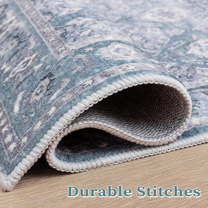 SERISSA 5x7 Washable Non Slip Floral Boho Area Rug for Living Room | Ultra Soft Vintage Floral Carpet Low-Pile Blue Grey Indoor Mat Throw Rug for Bedroom Dining Room Dorm Office Home Decor