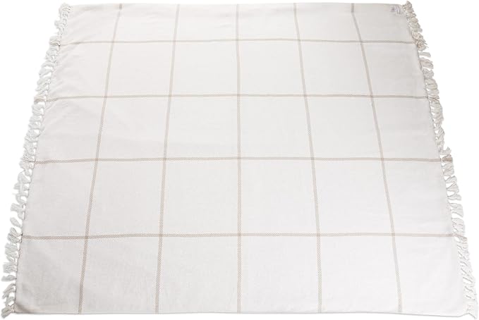 Picnic TIME Montecito Picnic Blanket with Harness, Large 60" x 70" Outdoor Blanket, Woven Cotton Top with Water-Resistant Poly Duck Backing, Sandproof Beach Mat for Camping & Travel (White & Taupe)