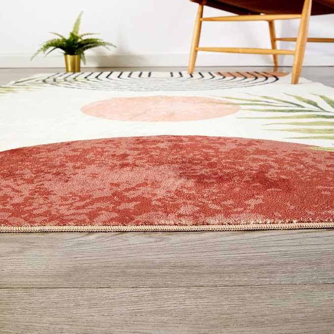 RoomTalks Boho Cute 3x5 Small Area Rugs Washable, Modern Abstract Geometric Shape with Tropical Leaves Non Slip Throw Rugs for Bedroom Kitchen Entryway Indoor Botanical Accent Carpet