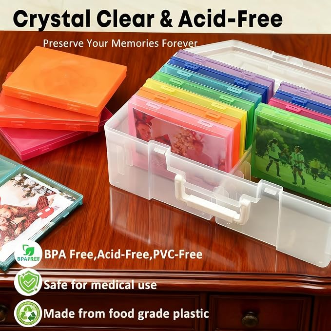 NINU Photo Storage Box with Handle, 5" x 7" Photo Organizer Storage Container with 18 Inner Case and 1 Sheet Blank Labels for Pictures, Arts, Crafts, Sewing, Seeds, Office Supplies (Colorful)
