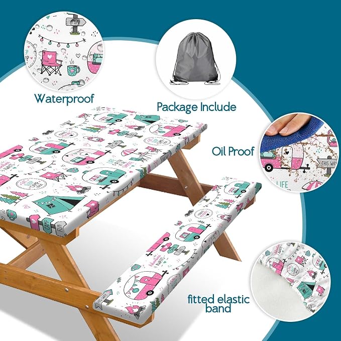 Picnic Table and Bench Covers Set Camping Essentials - Cute Pink Camper Adventure Waterproof Windproof Tablecloth, Camping Accessories with Drawstring Bag Fits for Camping Picnic, 30X60 inch