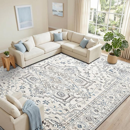 Vintage Washable Area Rug 9x12, Non-Slip Low-Pile Elegant Persian Carpet for Living Room Bedroom Dining Room, Stain Resistant Traditional Indoor Large Rug, Neutral Cream Blue