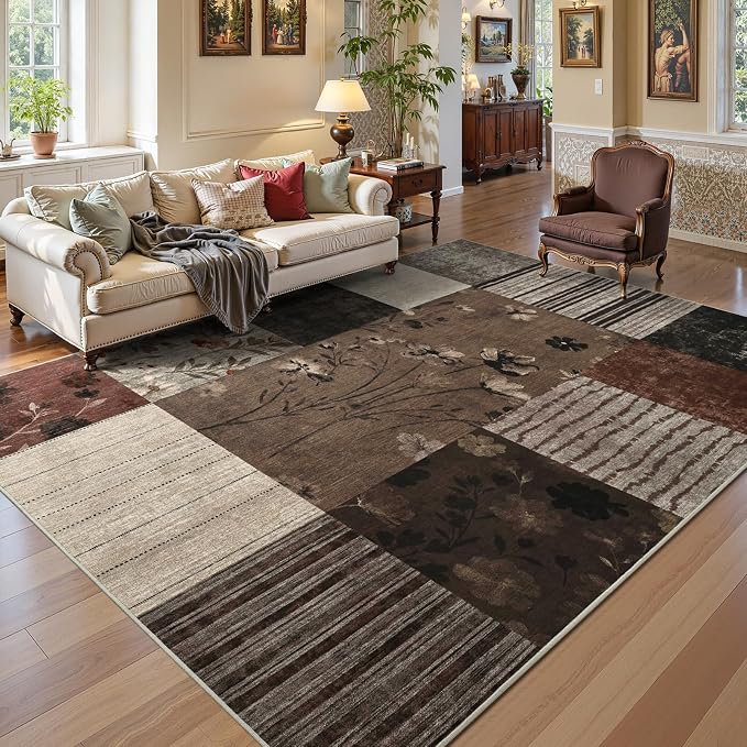 DweIke Area Rugs 8'x10' Washable Brown Rug for Living Room, Non-Slip Modern Geometric Patchwork Stain Resistant Indoor Throw Carpet for Bedroom Dining Room Farmhouse Office Decor