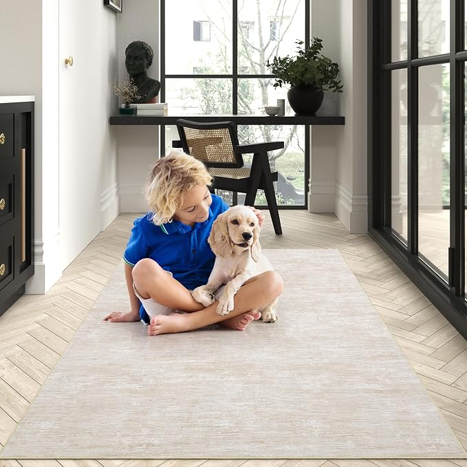 GarveeHome 4x6 Rugs for Bedroom Solid Color Machine Washable Area Rugs for Living Room, Non Slip Non Shedding Floor Cover Carpet Stain Resistant Low Pile Mats for Entryway Playroom Office, Beige