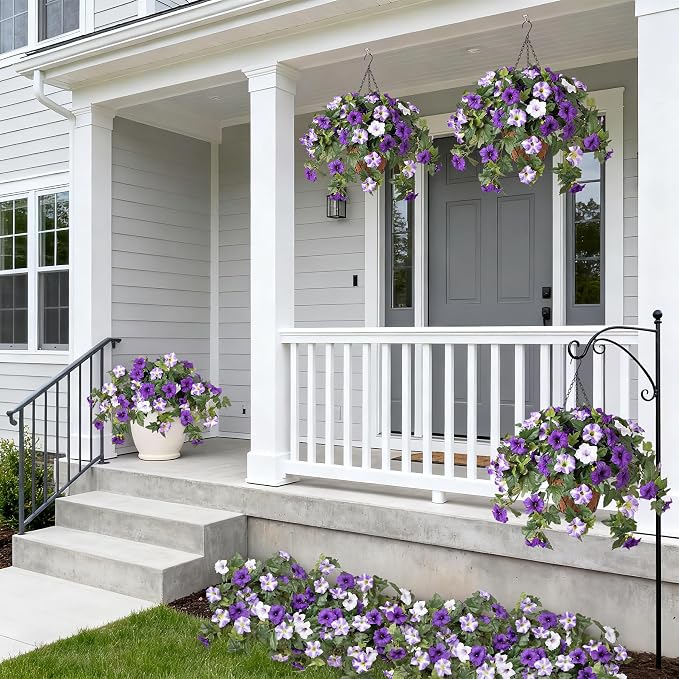 Ammyoo 4 Pcs Artificial Fake Petunia Flowers for Outdoor Decoration, Faux Silk Petunias Flower for Spring UV Resistant No Fade Realistic Plants for Garden Balcony Yard Porch Indoor Decor(Purple White)