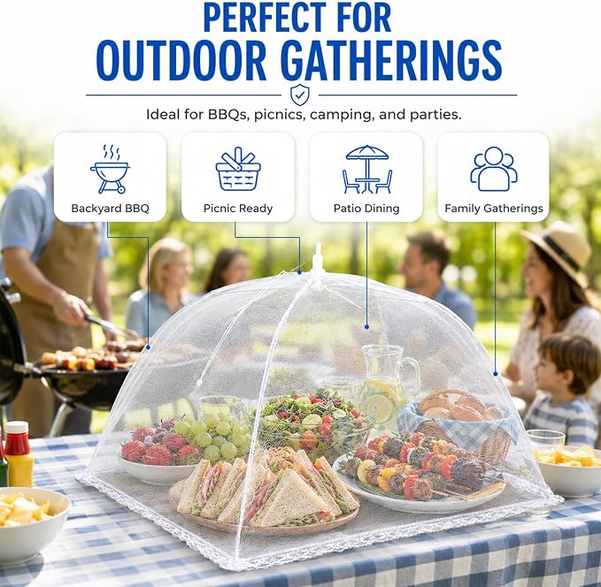 Simply Genius Pop-Up Mesh Food Covers - 17 x 17 in, White, 6 Pack, Large & Tall - Reusable & Collapsible Food Tents for Outdoor Serving