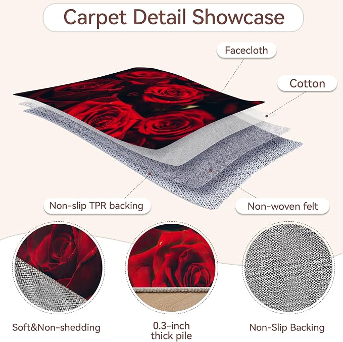 Red Rose 5x7 Area Rug,Retro Romantic Rose Flower Washable Carpet Non Slip Mat Low Pile Large Rugs for Living Room,Bedroom,Farmhouse,Dining Room,Kids Playroom,Kitchen Indoor