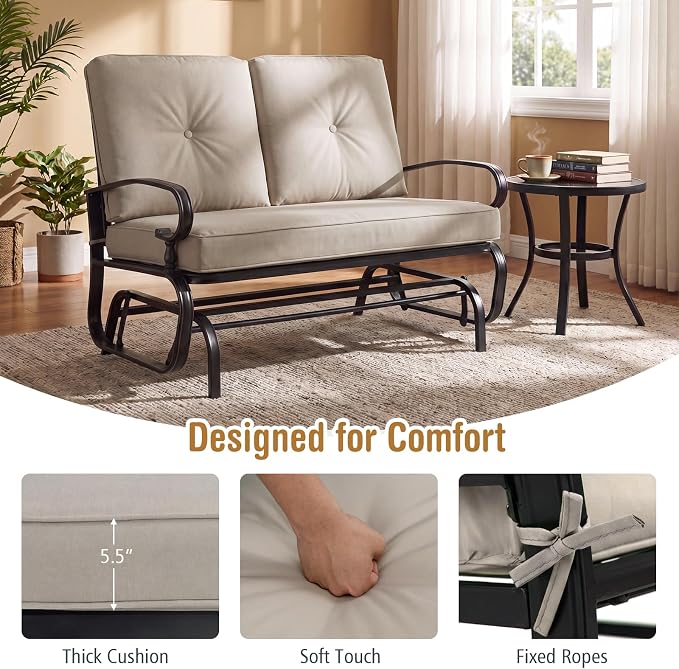 Giantex Outdoor Glider Bench, Patio 2 Person Loveseat with Removable Cushion, Thick Padded Seat, Stable Steel Frame, Outside Glider Swing Chair for Deck, Poolside, Yard, Balcony, Porch, Beige