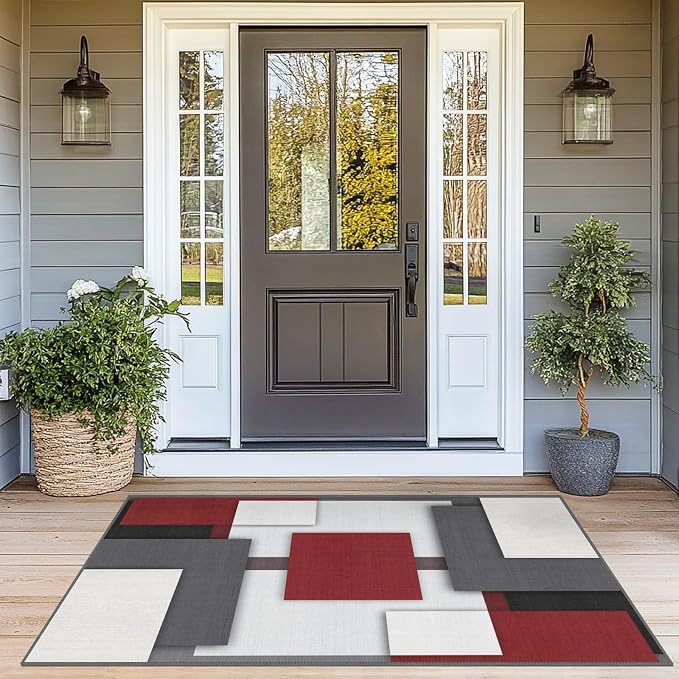 Red and Black Area Rug 3x5 for Bedroom Geometric Mid Century Rug | Washable Modern Rugs Low Pile Non-Slip Abstract Floor Carpet for Kitchen Living Room Dining Room Bedroom Entry