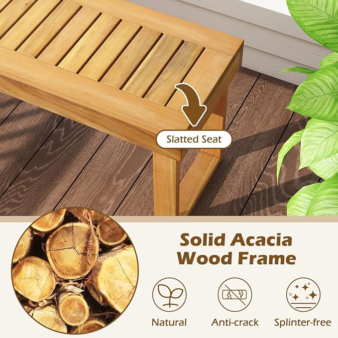 HAPPYGRILL Outdoor Acacia Wood Bench for 3-Person Patio Backless Farmhouse Bench with Slatted Seat, 800 LBS Heavy Duty Dining Bench for Entryway Porch Dining Room (1)