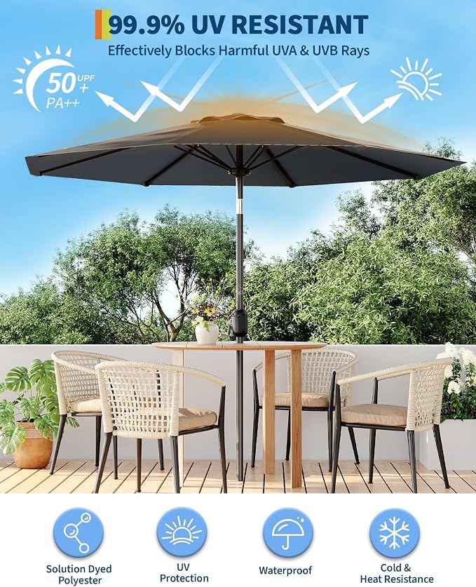 GarveeLife Outdoor Patio Umbrella, Table Market Umbrella with Push Button Tilt and Crank, 8 Sturdy Ribs UV Protection Waterproof for Garden, Deck, Backyard, Pool