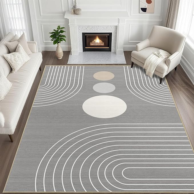 8x10 Area Rug for Living Room Boho Modern Minimalist Geometric Abstract Large Rug Grey Mid Century Modern Machine Washable Non-Slip Printed Low-Pile Indoor Floor Carpet Dining Room Bedroom Gray