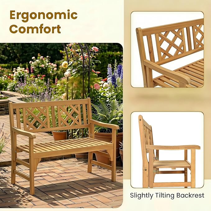 Giantex 4 Ft Foldable Outdoor Bench, Acacia Wood Outside Loveseat with Curved Backrest and Armrest, 705Lbs Weight Capacity, Garden Bench for Patio, Park, Porch, Balcony