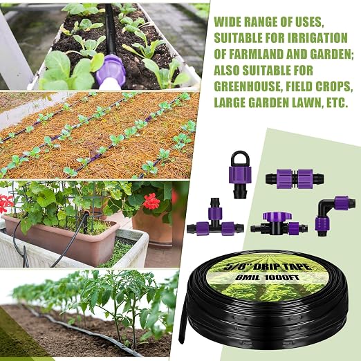 Tondiamo 500' 5/8 Inch Drip Tape Irrigation Tubing Kit 8 Mil 6" Spacing Garden Hose Watering Tube Line Automatic Equipment for Garden Irrigation System Farms, Landscape, Lawn
