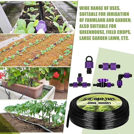Tondiamo 1000' 5/8 Inch Drip Tape Irrigation Tubing Kit 8 Mil 6" Spacing Garden Hose Watering Tube Line Automatic Equipment for Garden Irrigation System Farms, Landscape, Lawn