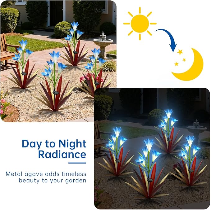 Homight Solar Metal Agave Lily Flower Garden Sculpture with LED Lights 30.3 Inch Waterproof Outdoor/Indoor Yard Decor Handmade Lawn Ornament Gift for Family Friends (2, Red)