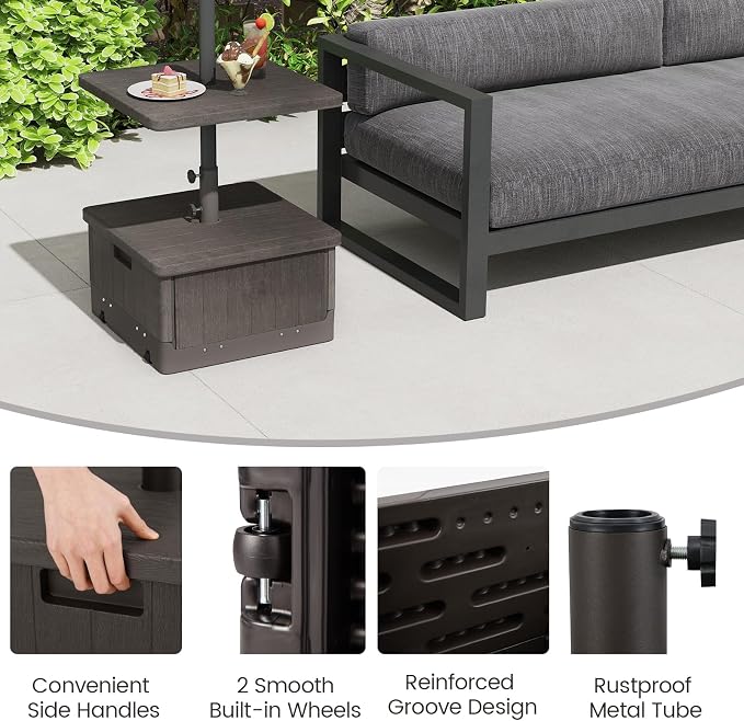 Tangkula 3-in-1 Patio Umbrella Base, 175 LBS Moveable Umbrella Stand w/Table Tray & Weighted Bag, Side Handles, HDPE Frame, 2 Pole Adapters, Garden Coffee Table Planter Box (Brown)