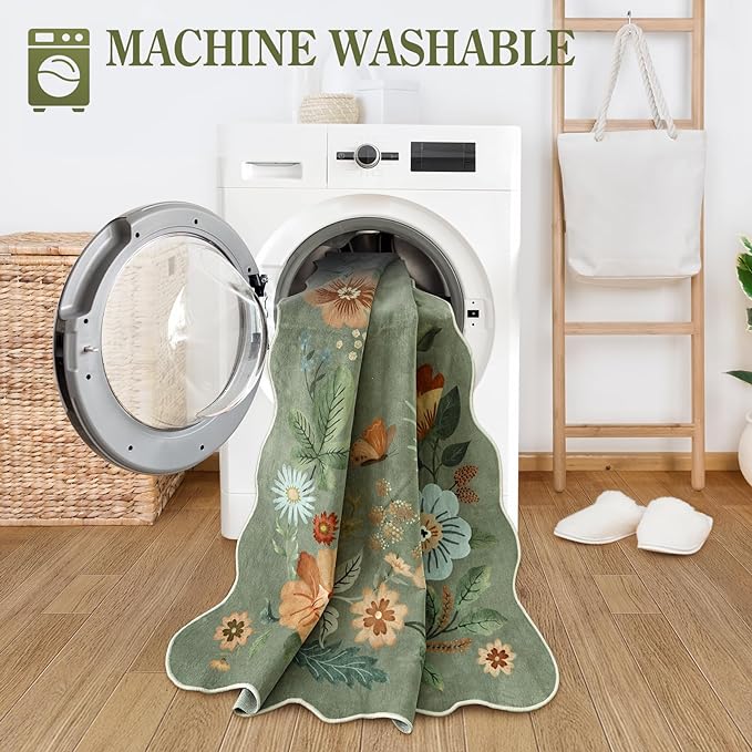 Lahome Floral Round Area Rugs, Washable Small Round Rug 3ft Non-Slip, Soft Boho Ultra-Thin Circle Carpet for Bedroom Entryway Kitchen Laundry Bathroom, Green
