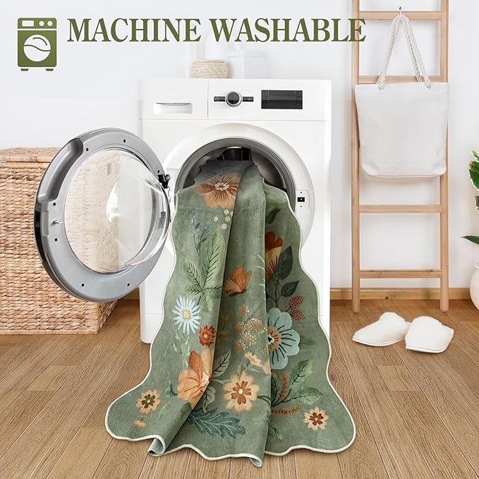 Lahome Floral Hallway Runner Rug Non Slip, 2'6''x10' Washable Runner Rug | Soft Kitchen Runners for Hallways, Distressed Carpet for Entryway Bathroom Flore (Green)