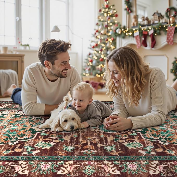 U'Artlines 3' x 12' Boho Hallway Runner Rug, Washable Carpet, Rust＆Teal | Non Slip, Vintage Farmhouse Accent Area Rug Carpet, for Bedroom, Dining Room, Laundry and Living Room