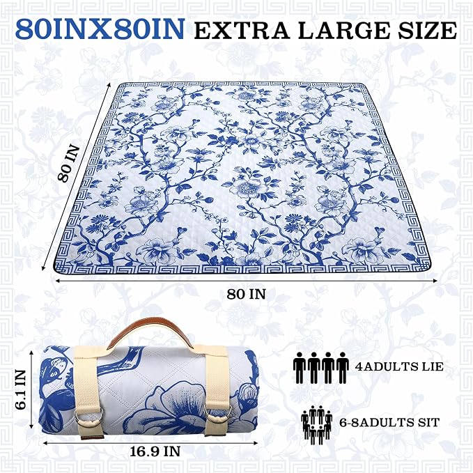 Newwiee 80 x 80 Inch Blue and White Floral Picnic Blanket Extra Large Outdoor Chinoiserie Picnic Mat with Carry Strap Waterproof Sandproof Blanket Foldable Portable for Beach Camping Grass Lawn Park