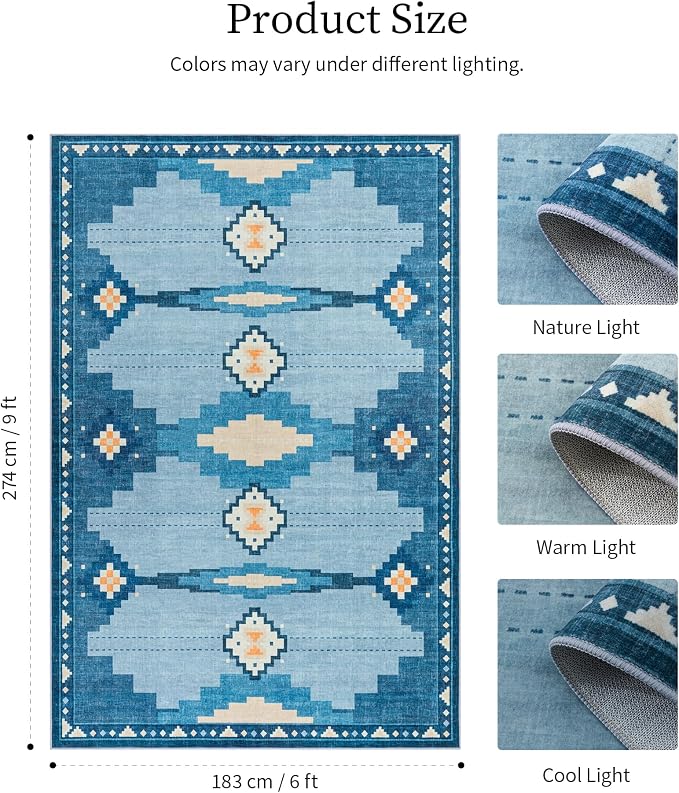 6'x9' Washable Area Rug for Living Room, Mid Century Modern Blue Rug | Soft, Non-Slip, Geometric Coastal Aztec Design, for Bedroom Dining Nursery Room Playroom, Low Pile, Pet Friendly