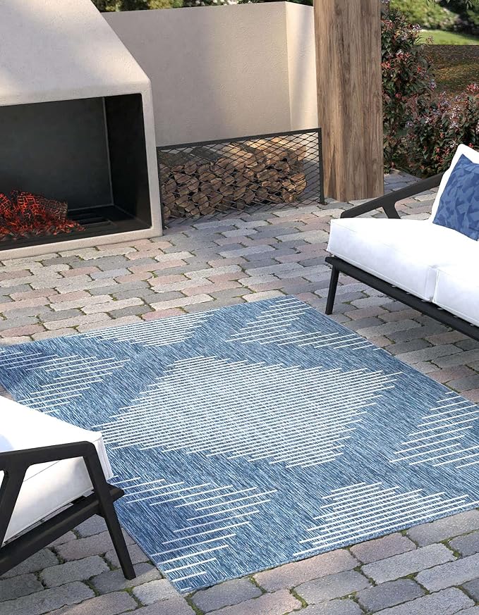 Unique Loom Outdoor Modern Collection Area Rug - Tambor (9' x 12' Rectangle, Blue/ Ivory)