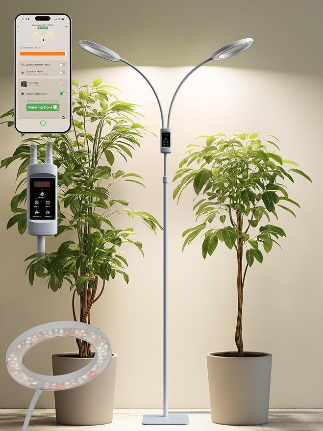 Smart Grow Lights for Indoor Plants, Plant Light with Auto-Timer, Full Spectrum LED Grow Light, Adjustable Height & Stepless Dimming,Plant Assistant Suitable for Most Plants (White, Dual Heads)