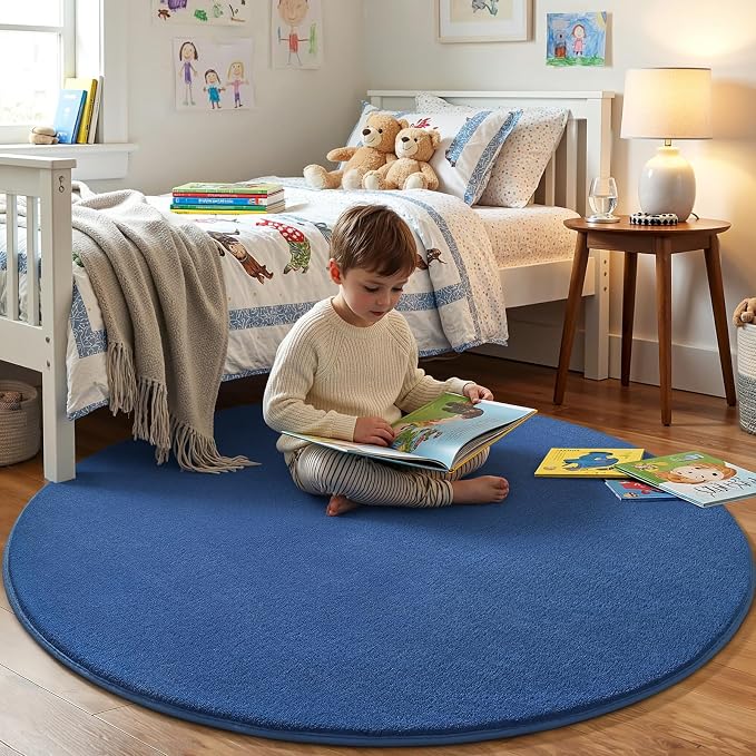 Amearea Blue Round Area Rug 4ft Washable Circle Rug for Bedroom Living Room | Fluffy Indoor Thickened Memory Foam Rugs, Non Slip Minimalist Circular Carpet for Kids Boys Girls Dorm Nursery Room Decor