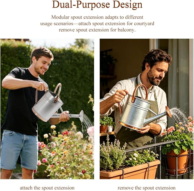 1 Gallon Metal Watering Can with Real Copper Details, Fine-Grid Galvalume Body, Removable Watering Rose for Indoor Plants, Patio and Greenhouse
