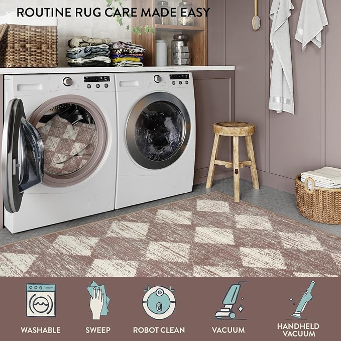 Lahome Zelie Machine Washable Bathroom Rugs Runner, 2x5 Non Slip Entryway Rugs Indoor Kitchen Runner Rug, Moroccan Trellis Non Skid Carpet Runners for Bedside Entrance Laundry Room, Beige