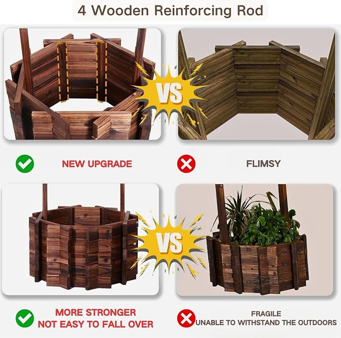 Wooden Wishing Well Planter With Light,4 Reinforced Rods,Dual Tier Planting | 8 Custom Lighting Modes, Adjustable Hanging Bucket, Multi-Yard Decor, Seasonal Plant Friendly, Easy Installation