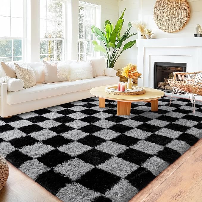 Checkered Rug 9x12 for Living Room, Ultra Fluffy Fuzzy Shag Black and Grey Large Area Rug for Bedroom, Modern Plush Soft Upgrade Non-Slip Carpet for Kids Girls and Boys Room Dorm Home Decor