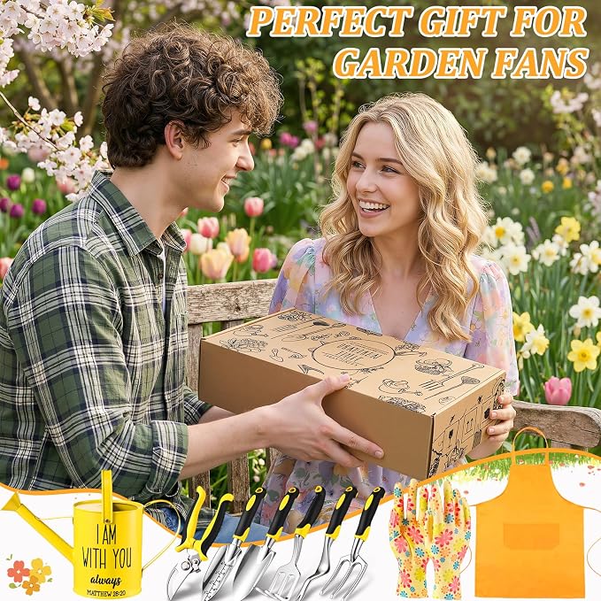 Blueweenly 9 Pcs Watering Can Garden Tools Kit with Bible Verse Christian Gardening Gifts for Women with Heavy Duty Garden Hand Tools 1.6L Galvanized Metal Can Apron Gloves for Mom Grandma(Yellow)