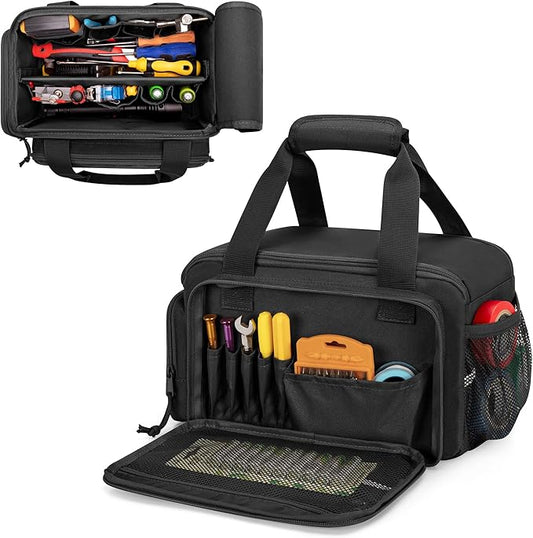 Rexmica 12-Inch Tool Bag with Anti-friction Bottom, Hand Tool Storage Organizer Bag for Men, Tactical Range Bag, Multi-purpose Work Tote for Repairman, Electrician, Carpenters, Handyman, Black