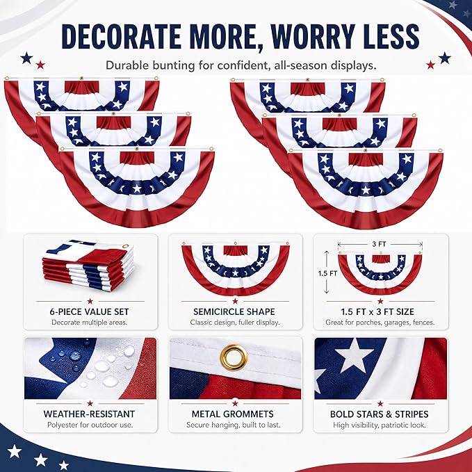 6 Pack USA Pleated Fan Flags - 1.5x3FT American Flag Bunting for Outside, Red White Blue Bunting Banner with Brass Grommets, Patriotic Porch Decor for Independence Day, July 4th, Memorial Day