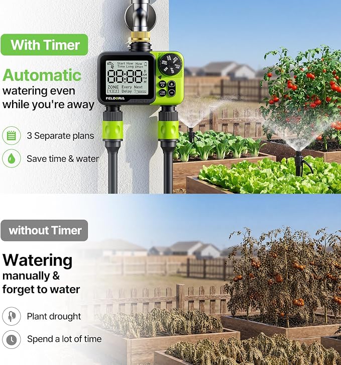 Sprinkler Timer, Programmable Brass Inlet Watering Timer for Garden Hose, Fit 3/4” US Faucet, Outdoor Soaker Auto Manual Hose Timer with Rain Delay, Drip Irrigation for Lawn Yard, 2 Outlets