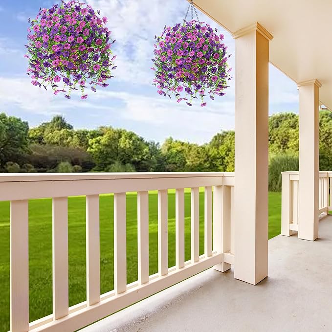 Ammyoo Artificial Fake Hanging Flowers Plants with Basket for Outdoor Spring Decoration, Faux Silk Daisy Flower Real Touch UV Resistant for Outside Porch Patio Garden Yard Home Decor(Purple Lotus)