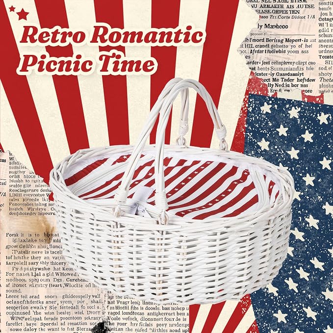 Wicker Picnic Basket with Insulated Lined Bag 15“ x 11” x 7“ Red, White Star Stripe Pattern, Iced Beer Insulated Bag for Camping, Picnics, Birthday Gifts, Wedding Gifts