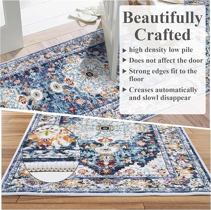 U'Artlines 2.6'x20' Boho Hallway Runner Rug Non Slip Washable Runners,Blue | Vintage Farmhouse Kitchen Rug, Extra Long, Accent Area Carpet for Entryway Laundry and Living Room