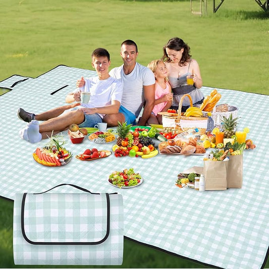 80" x 100" Extra Large Picnic Blankets Beach Mat Sandproof Waterproof Foldable Oxford Blanket Beach Mat Picnic Stuff for Family Camping Hiking Party Park Grass (Green and White,Plaid)