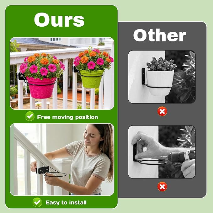 3pc Railing Plant Hanger - Adjustable Railscapes Plant Holder Between Rails, 7 Inches Floating Railing Plant Clip Rustproof Metal Plant Traps for Pots on Railing