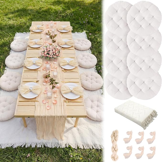Beeveer Extra Large Outdoor Picnic Blanket with Table Runner Napkins and Floor Pillows Cushions for Picnic Party Camping Wedding Bachelorette Birthday Baby Shower Decor(71x118'',Beige,8 Set)