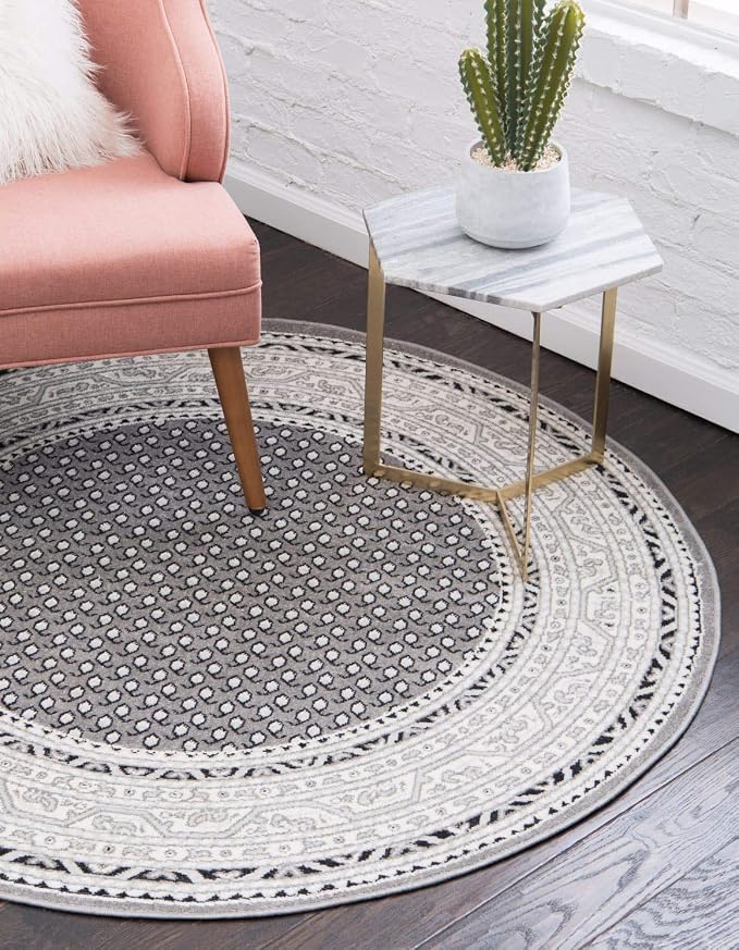 Unique Loom Williamsburg Collection Traditional Border with Dotted Center Area Rug, Round 5' 0" x 5' 0", Gray/Beige