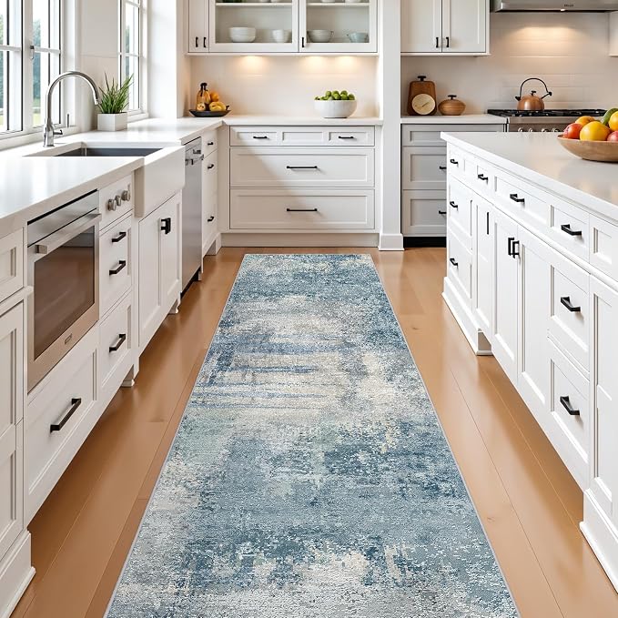 Abstract Rug Runners 2x8 Washable: Modern Rugs Non Slip for Kitchen Blue | Entryway Bedroom - Soft Stain Resistant Easy Clean - Indoor Low Pile Carpet for Family with Pets 2x8 Blue