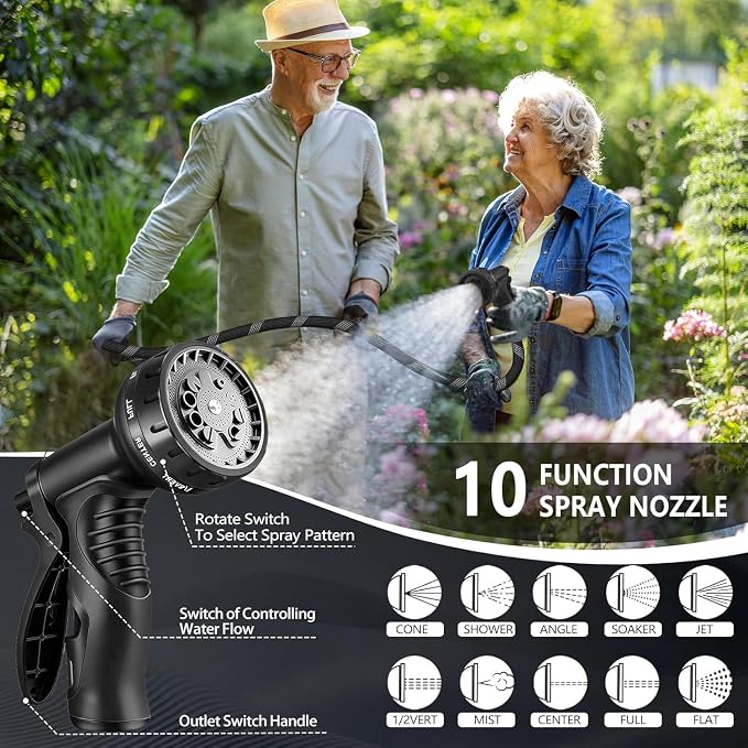 75 FT Non-Expandable Garden Hose, Lightweight Hose with 10 Function Spray Nozzle, Kink-Free Flexible Water Hose, Leak-Proof, 3/4'' Solid Connectors Garden Hose,Ultra Durable Garden Hoses