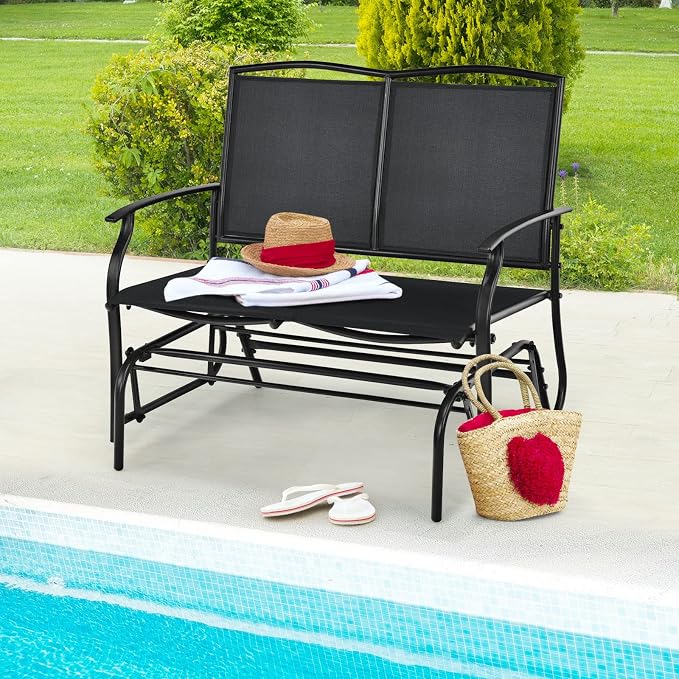 Tangkula 2-Person Patio Glider Bench, Outdoor Rocker Glider Loveseat Chair W/Heavy-Duty Steel Frame, Breathable Seat Fabric, Rocking Lounge Chair for Poolside, Garden, Backyard (Black)